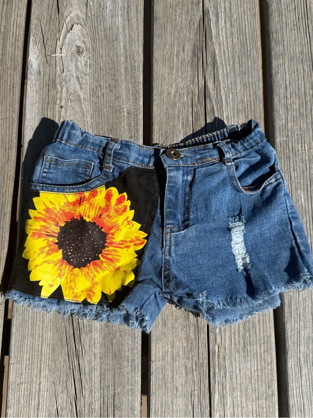 Source Unknown Blue Denim Shorts with Yellow Sunflower Patch